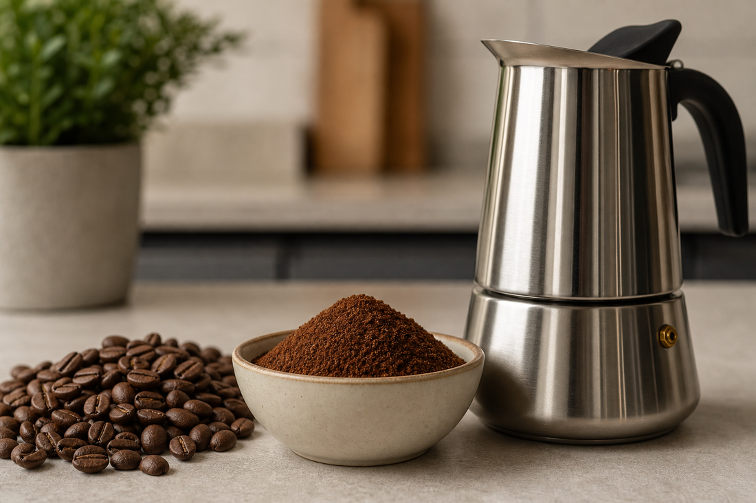 Whole coffee beans, medium-fine ground coffee, and a stainless steel moka pot on a kitchen counter