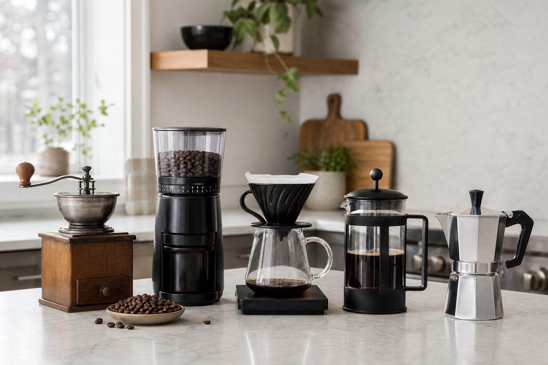 Manual and electric coffee grinders on a kitchen counter with pour over dripper, French press, and moka pot