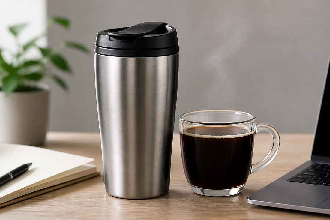 Insulated stainless steel travel mug on a desk beside a cup of hot coffee