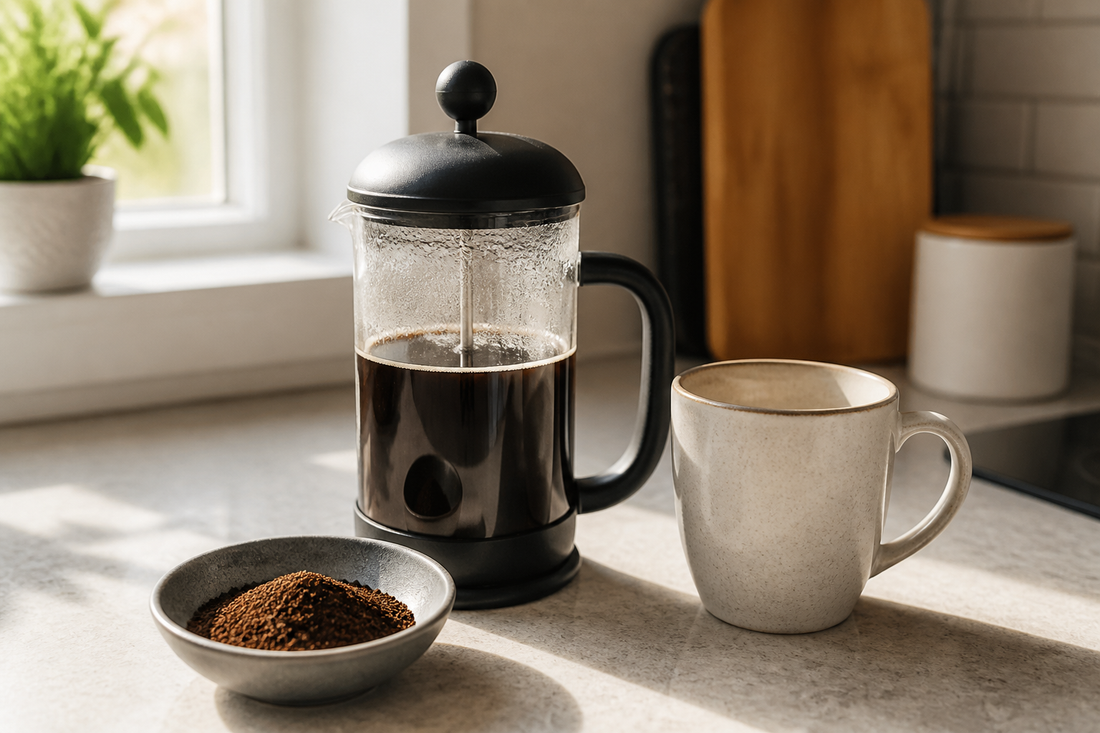 Glass French press coffee maker with brewed coffee, a mug, and coarse coffee grounds on a kitchen counter