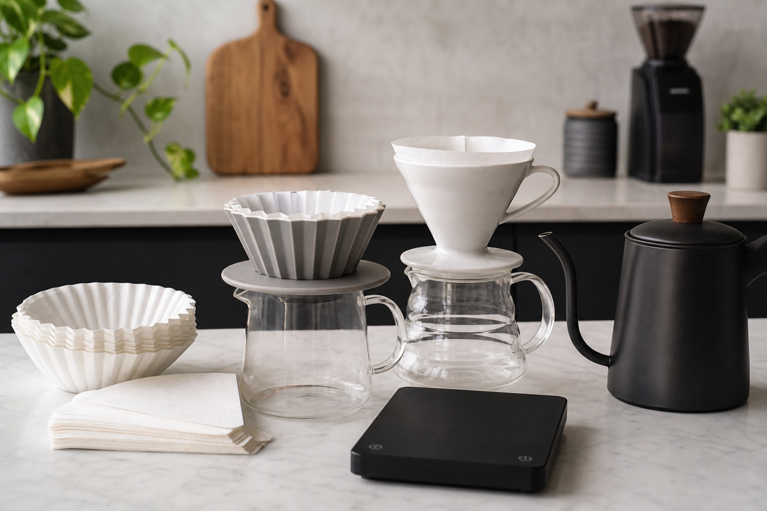 Two pour over coffee drippers on a kitchen counter with filters, kettle, and coffee scale