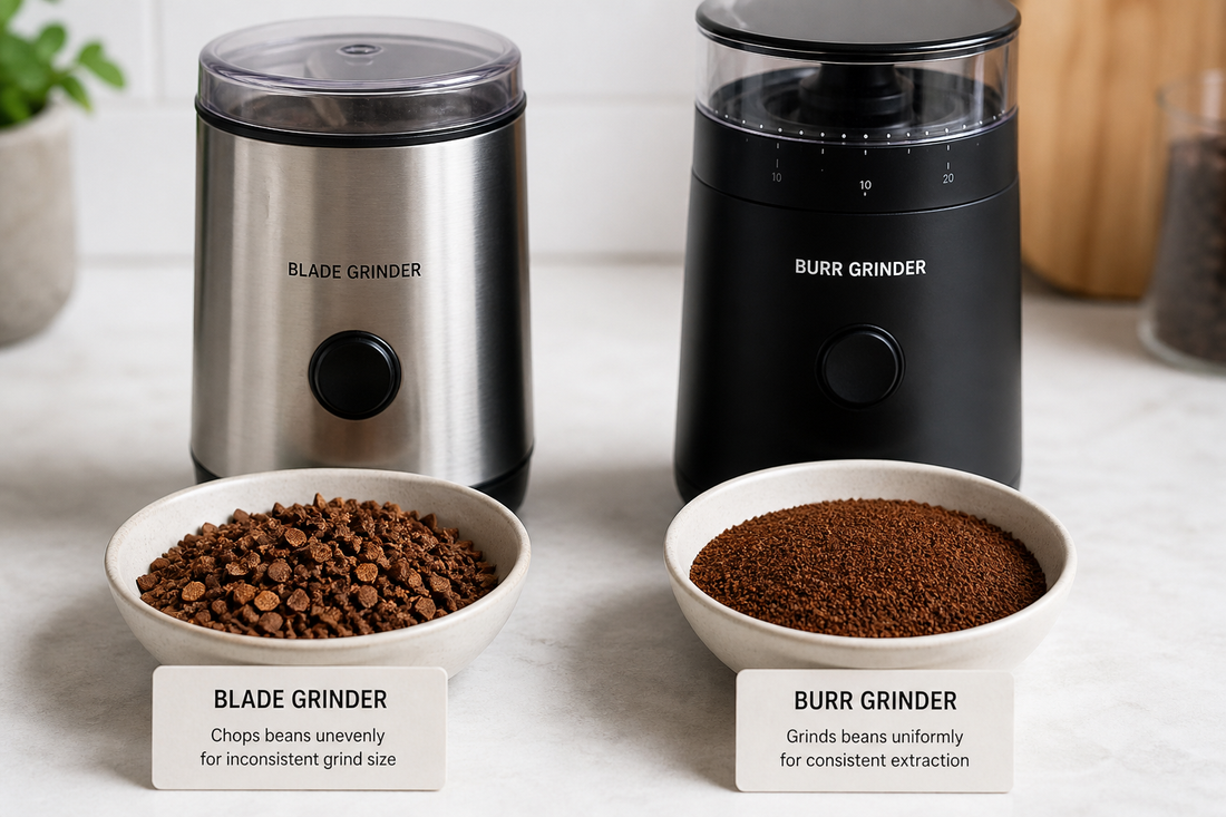 A blade grinder and a burr grinder side by side with uneven and uniform coffee grounds in separate bowls
