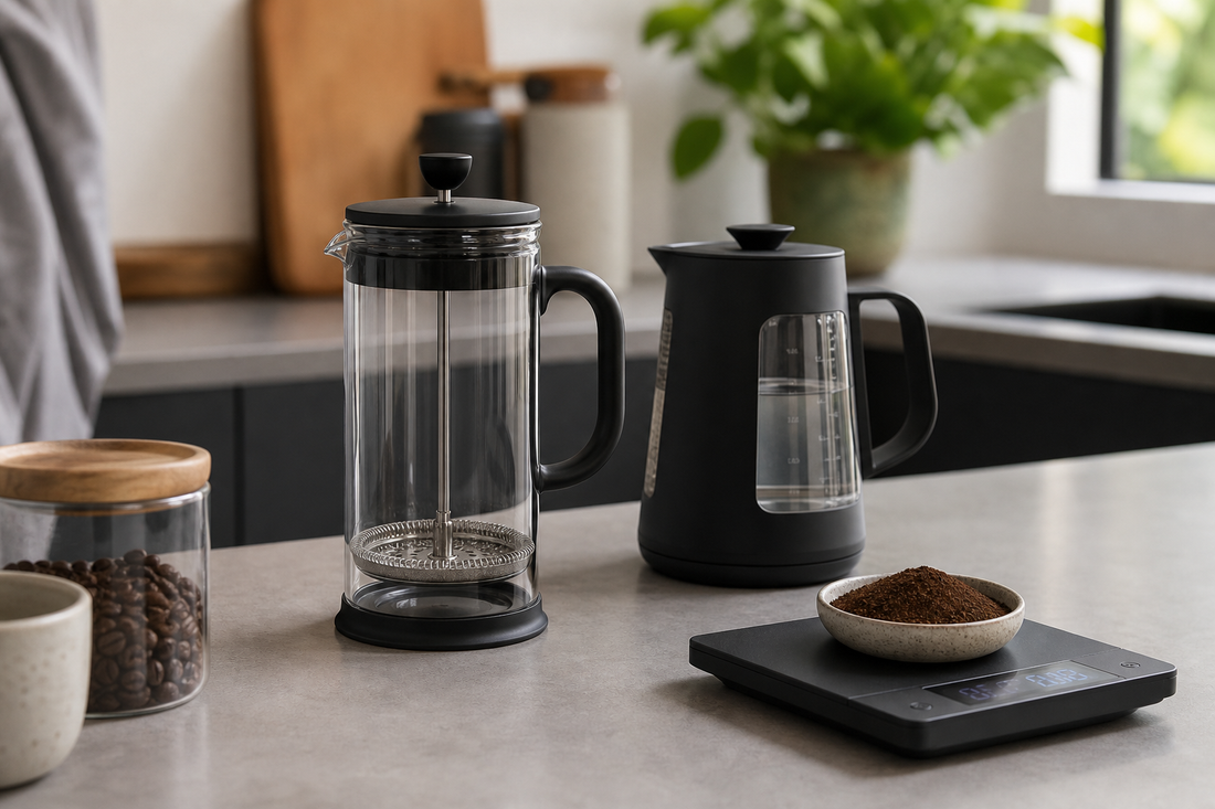 Glass French press next to ground coffee, kettle, and digital scale on a kitchen counter