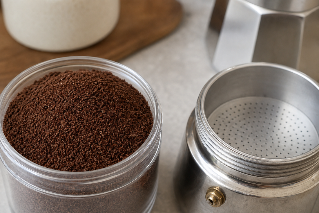 Medium-fine ground coffee next to a moka pot filter basket on a kitchen counter.
