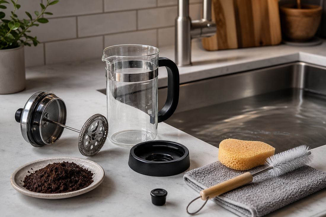 A disassembled French press beside a sink with a sponge, brush, and warm water for cleaning