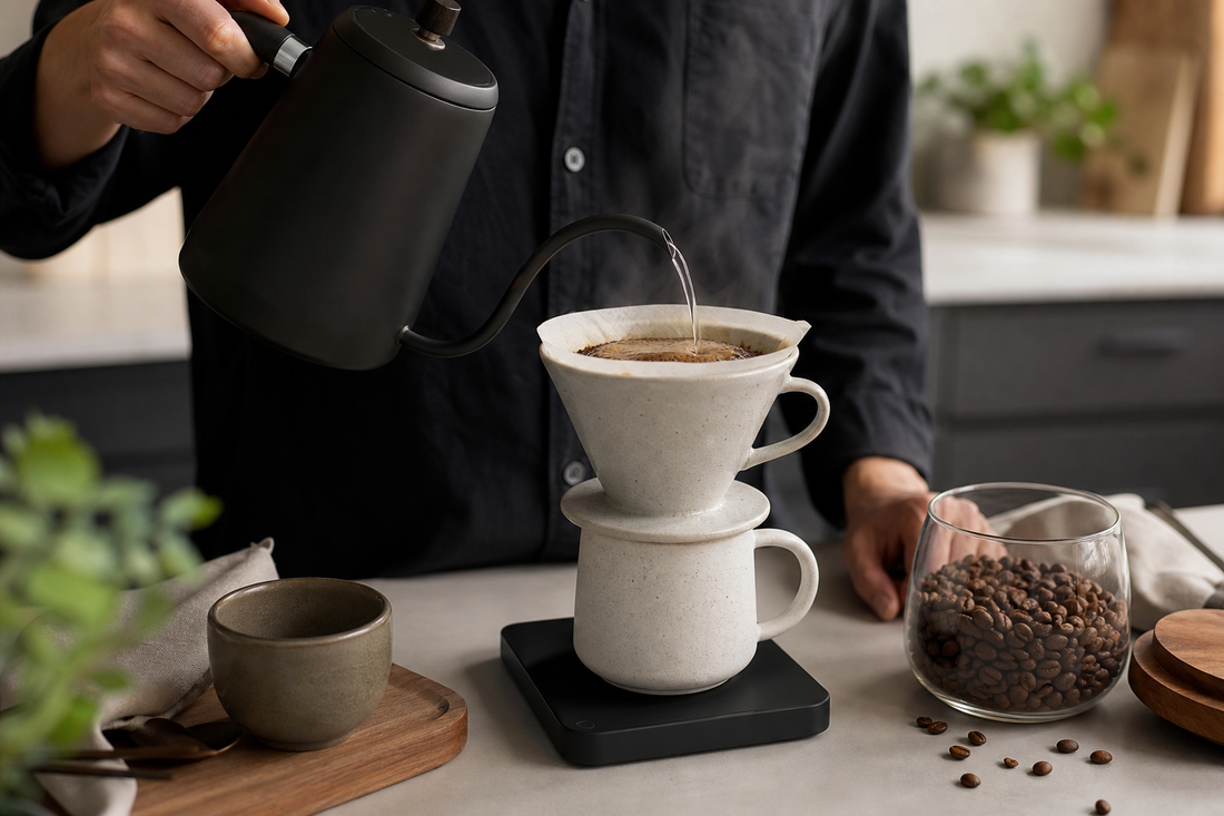 Ceramic pour over dripper brewing coffee into a mug on a digital scale while water is poured from a gooseneck kettle