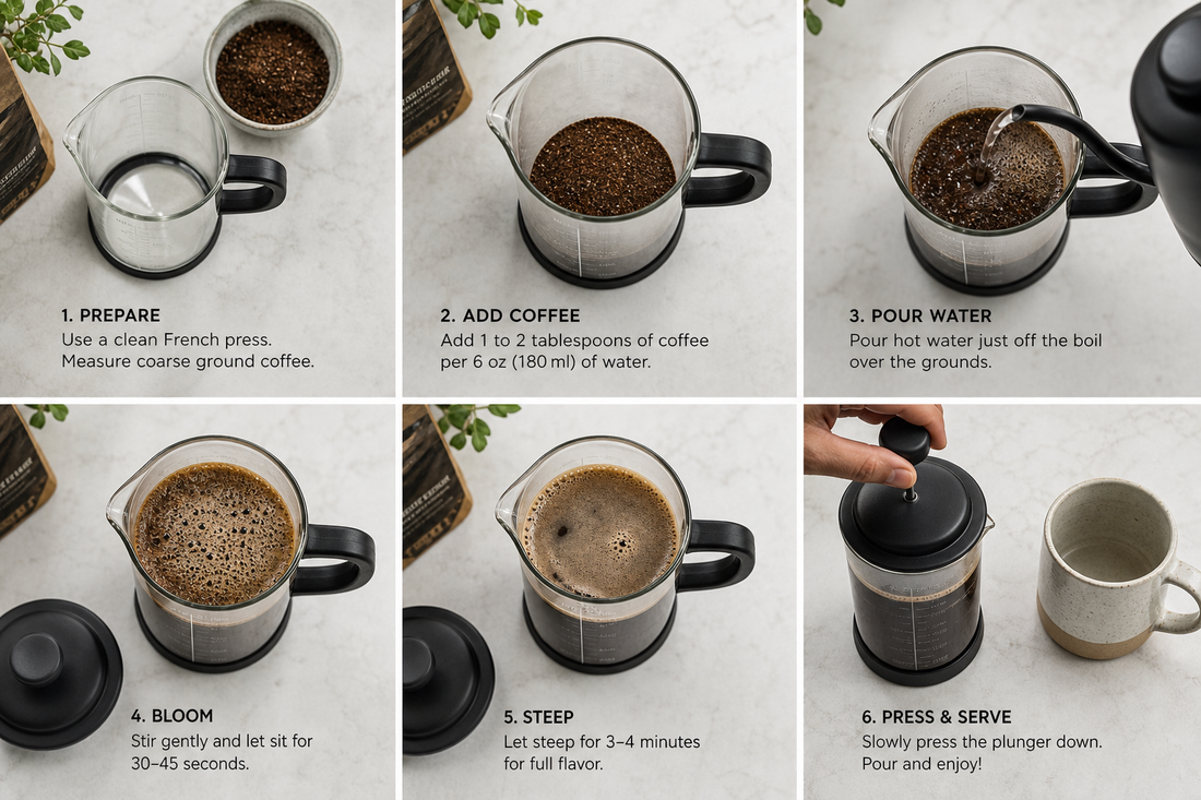 Glass French press with coarse coffee grounds and hot water being poured in on a kitchen counter