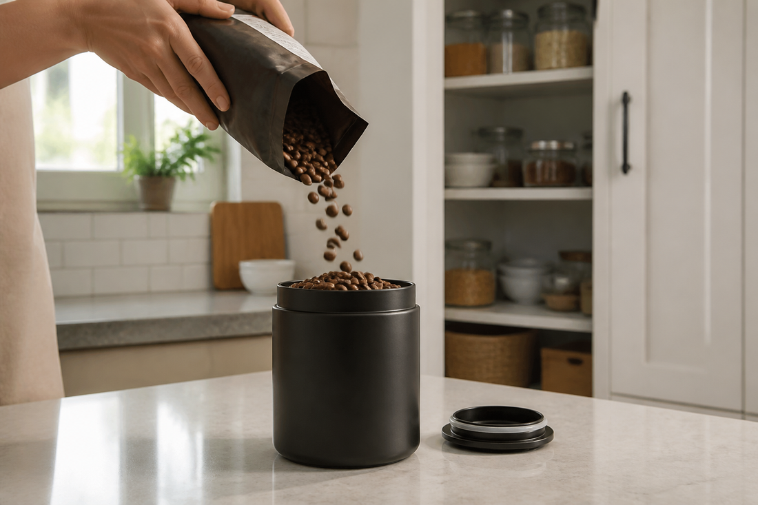 Whole coffee beans being poured into an airtight storage canister in a kitchen