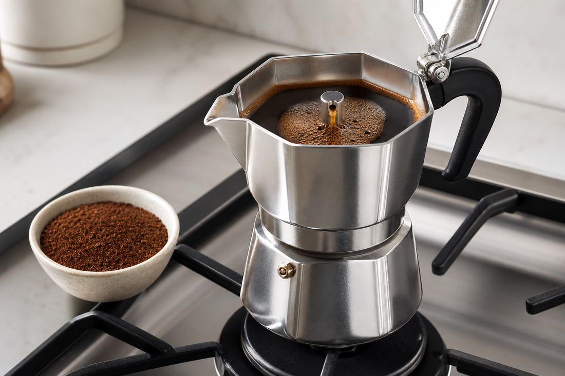 Stainless steel moka pot brewing coffee on a stovetop next to ground coffee