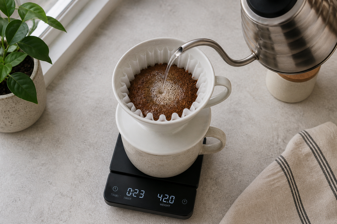 Ceramic pour over dripper on a mug with a paper filter while hot water is poured from a gooseneck kettle over coffee grounds on a scale.
