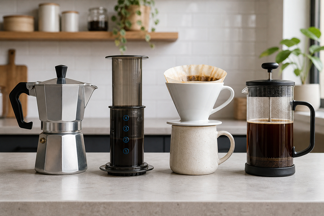 Stainless moka pot, press brewer, ceramic pour over dripper, and glass French press on a kitchen counter.