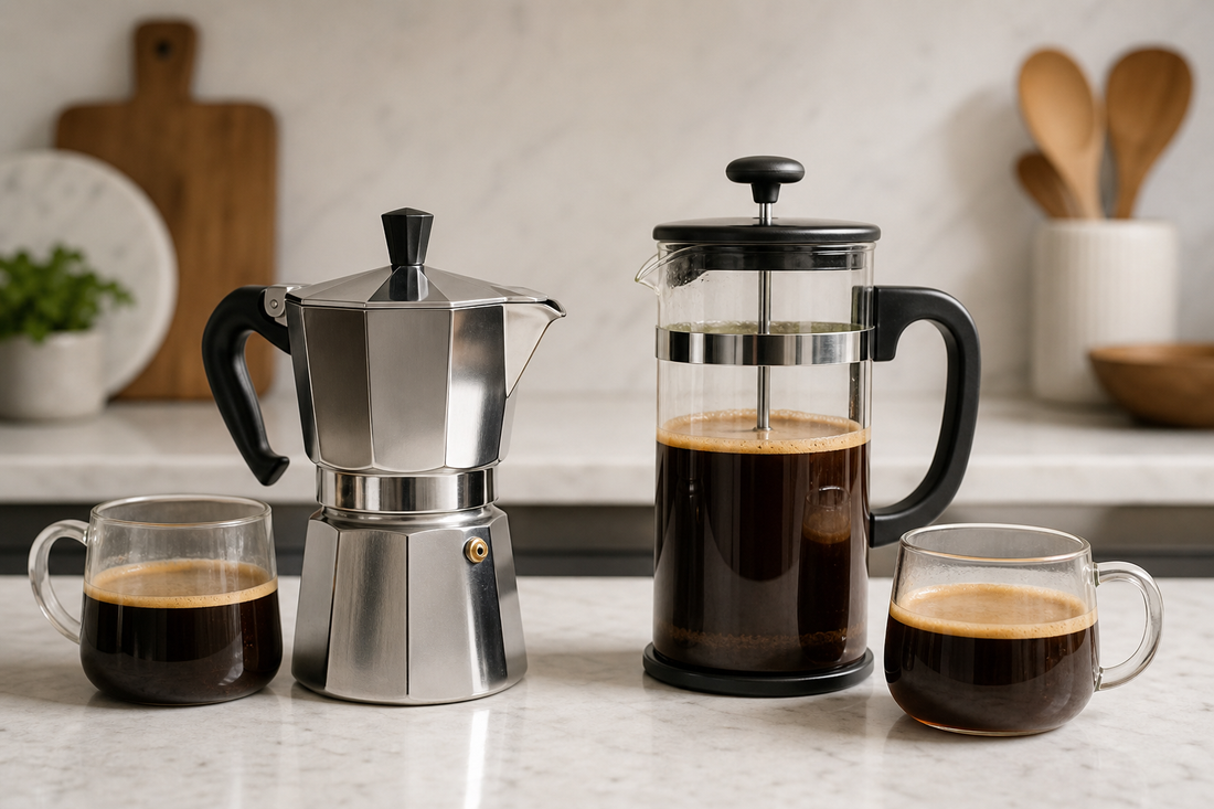 A moka pot and a French press on a kitchen counter with brewed coffee beside them