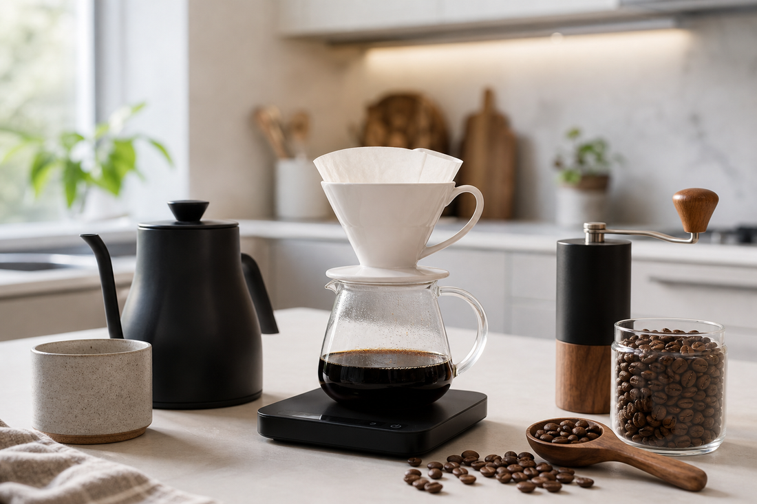 Beginner pour over coffee setup with dripper, kettle, grinder, and scale on a kitchen counter