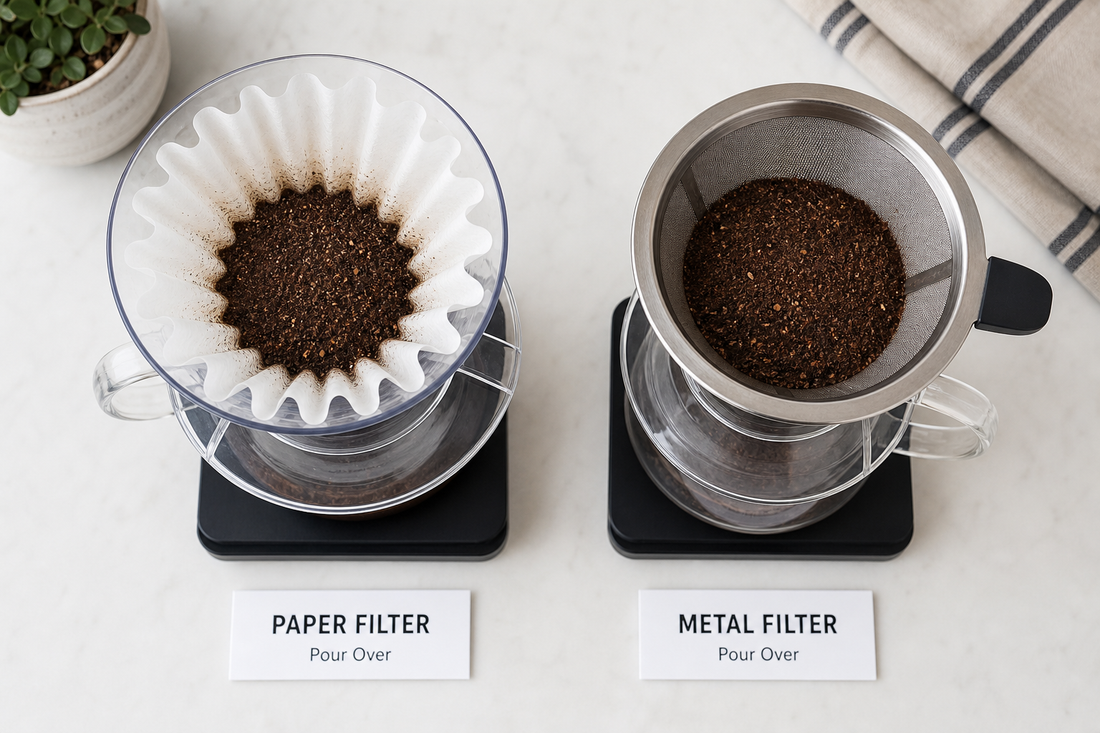 Paper coffee filter and reusable metal coffee filter side by side on a kitchen counter.