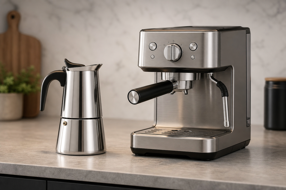A stainless steel stovetop moka pot next to a home espresso machine on a kitchen counter