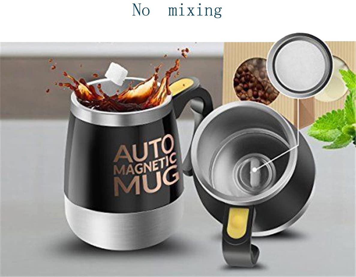 This image showcases an Auto Magnetic Mug," a self-stirring coffee mug. The mug has a built-in magnetic stirring mechanism that automatically mixes the liquid inside. 