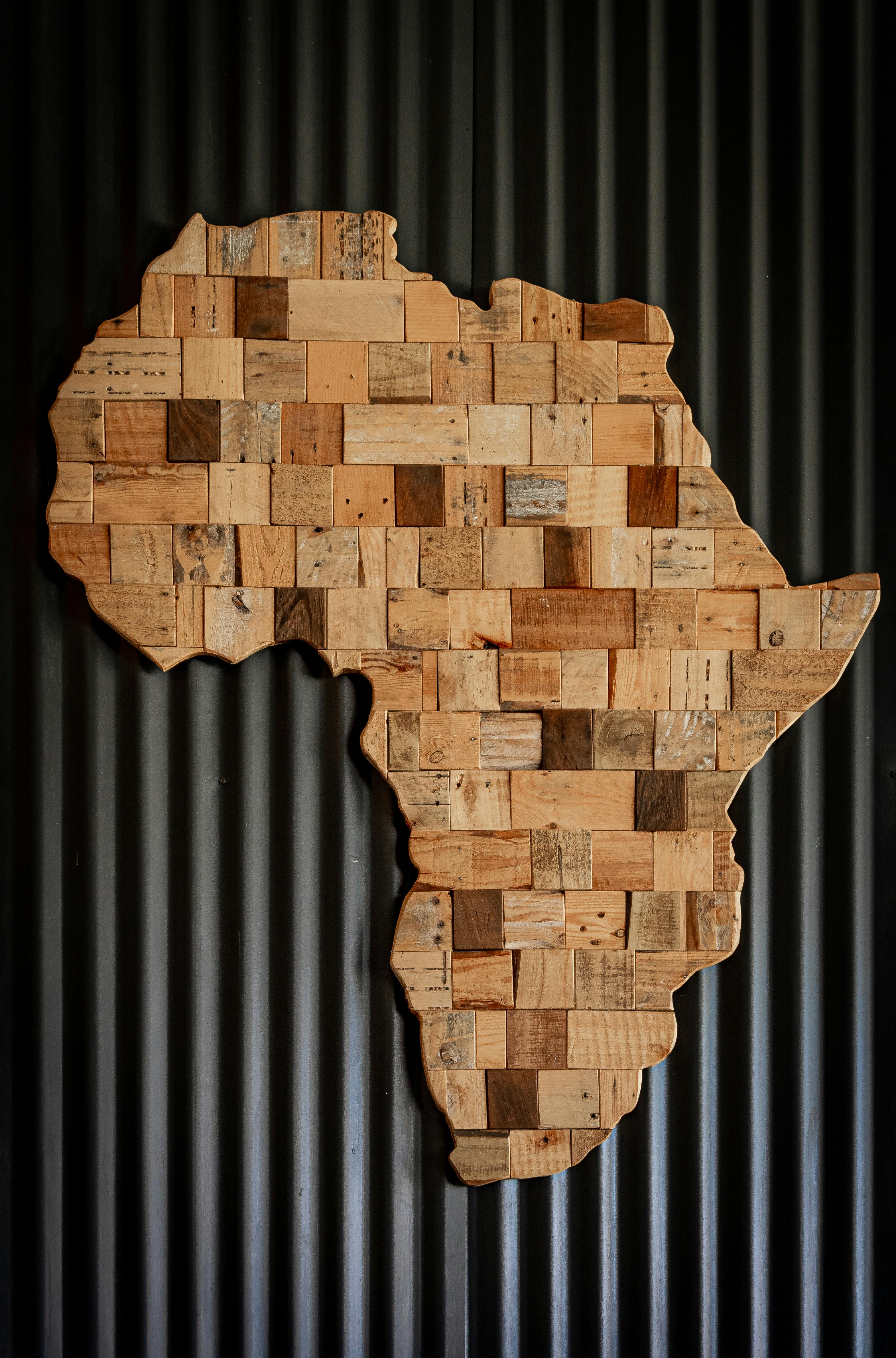 This is a wooden artwork in the shape of the African continent. The piece is composed of multiple wooden blocks of varying shades, sizes, and textures, arranged together to form the recognizable outline of Africa. 