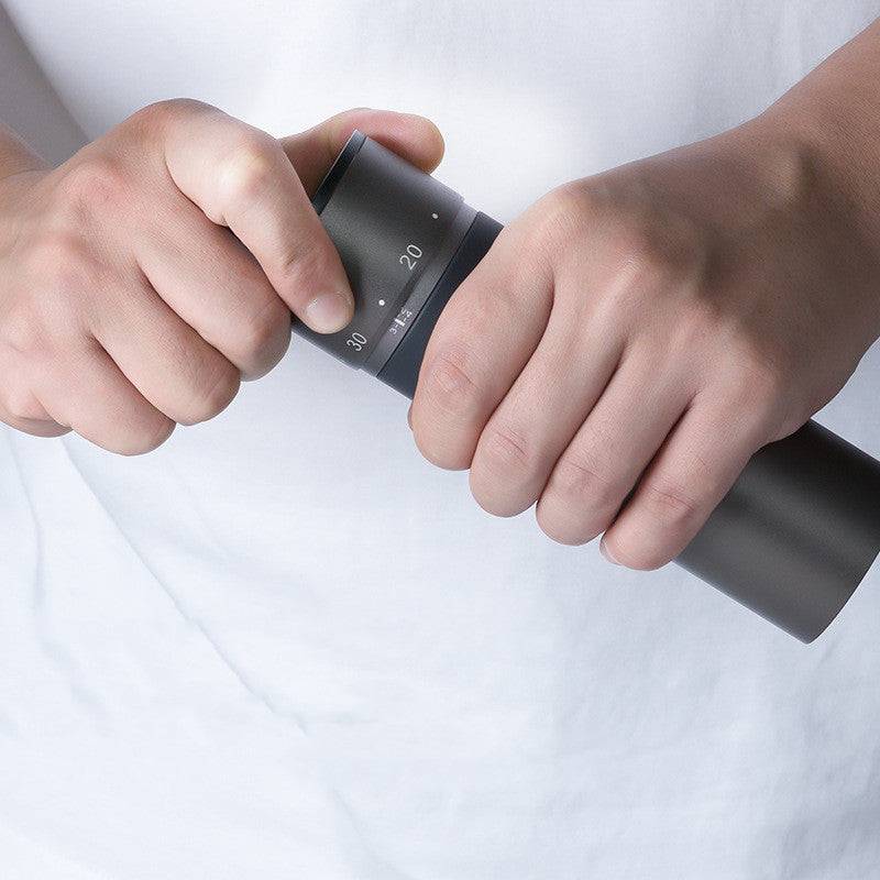 Portable Hand Crank Bean Grinder with titanium-coated SUS420 stainless steel 48mm hexagonal burr. Features external adjustment with 60 clicks per round for precise grinding.