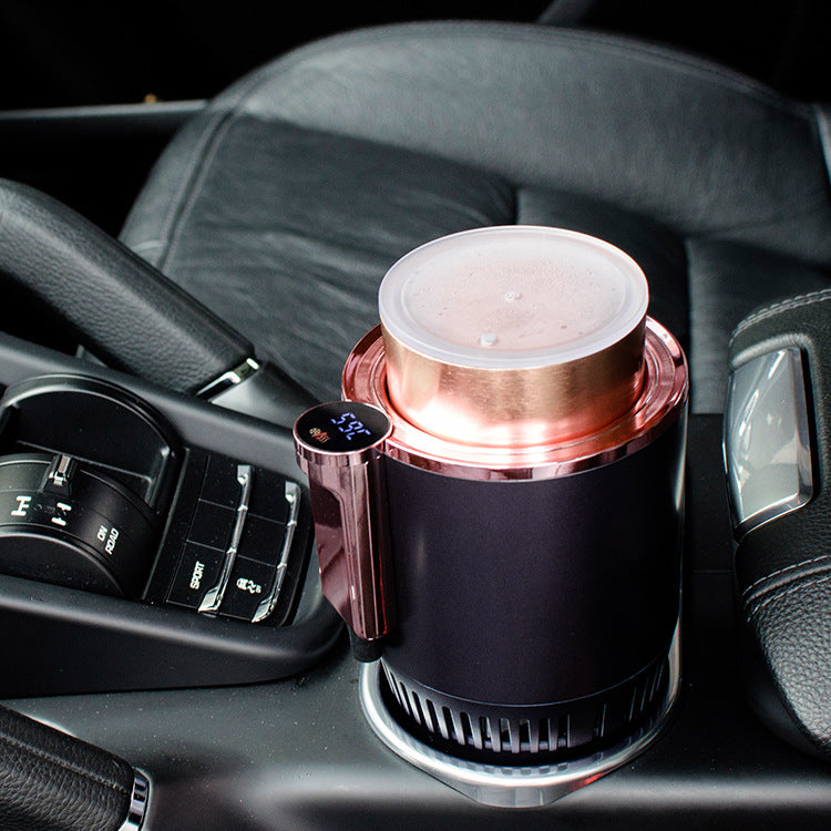 a coffee cup sitting on top of a cup holder in a car