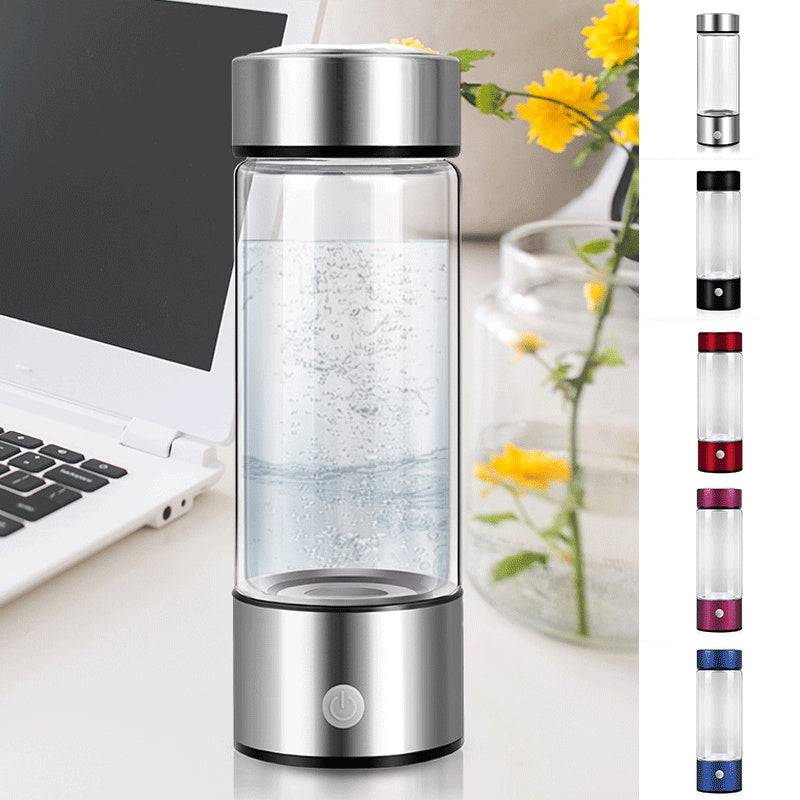 Electric hydrogen water bottle with a sleek silver design, generating hydrogen-rich water. Rechargeable and portable for home, office, or travel use.