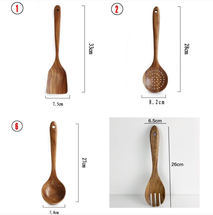 Teak wood kitchen utensil set featuring a spatula, slotted spoon, ladle, and forked spoon. Durable and eco-friendly Thai tableware for cooking and serving.