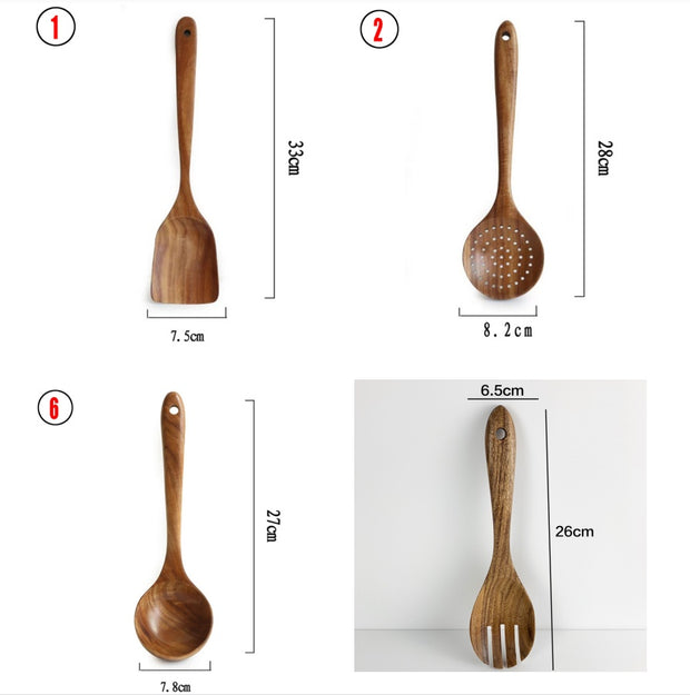 Teak Natural Thai Wood Tableware Spoon Ladle Turner Kitchen Tool Set