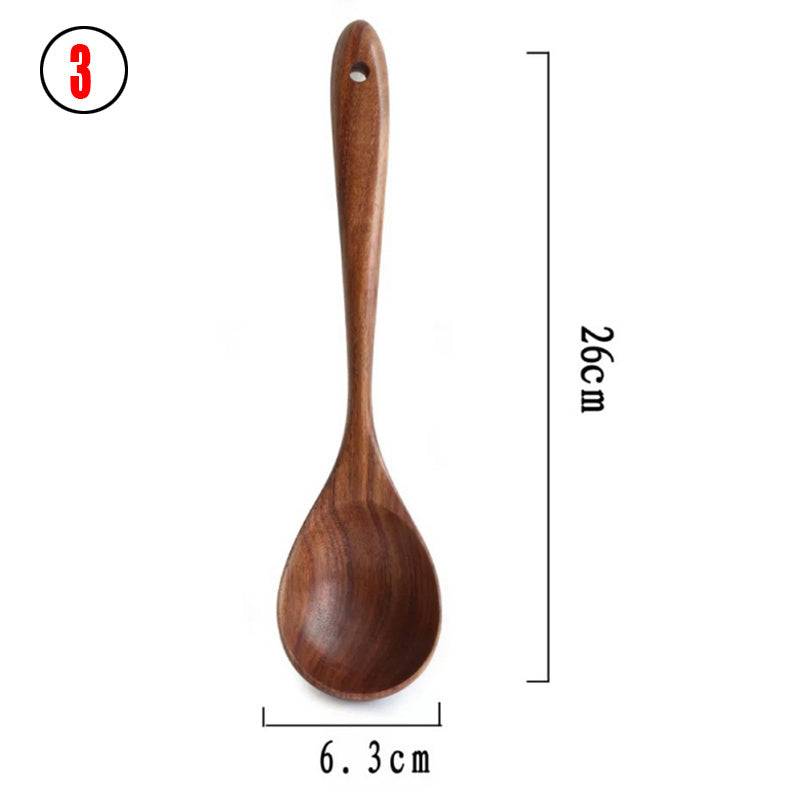 Teak wood kitchen spoon measuring 26cm in length and 6.3cm in width. Crafted from natural Thai teak, perfect for cooking and serving.