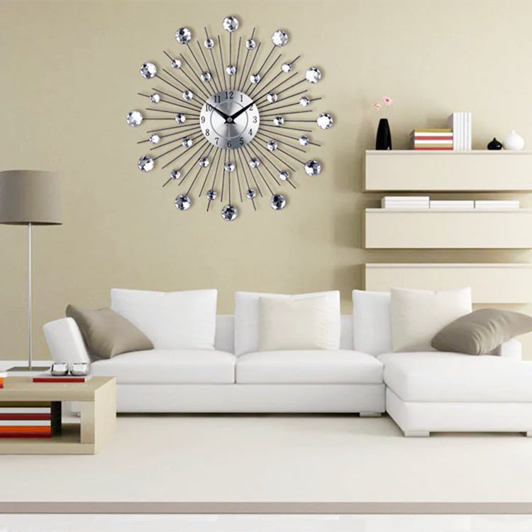 a living room with a white couch and a clock on the wall