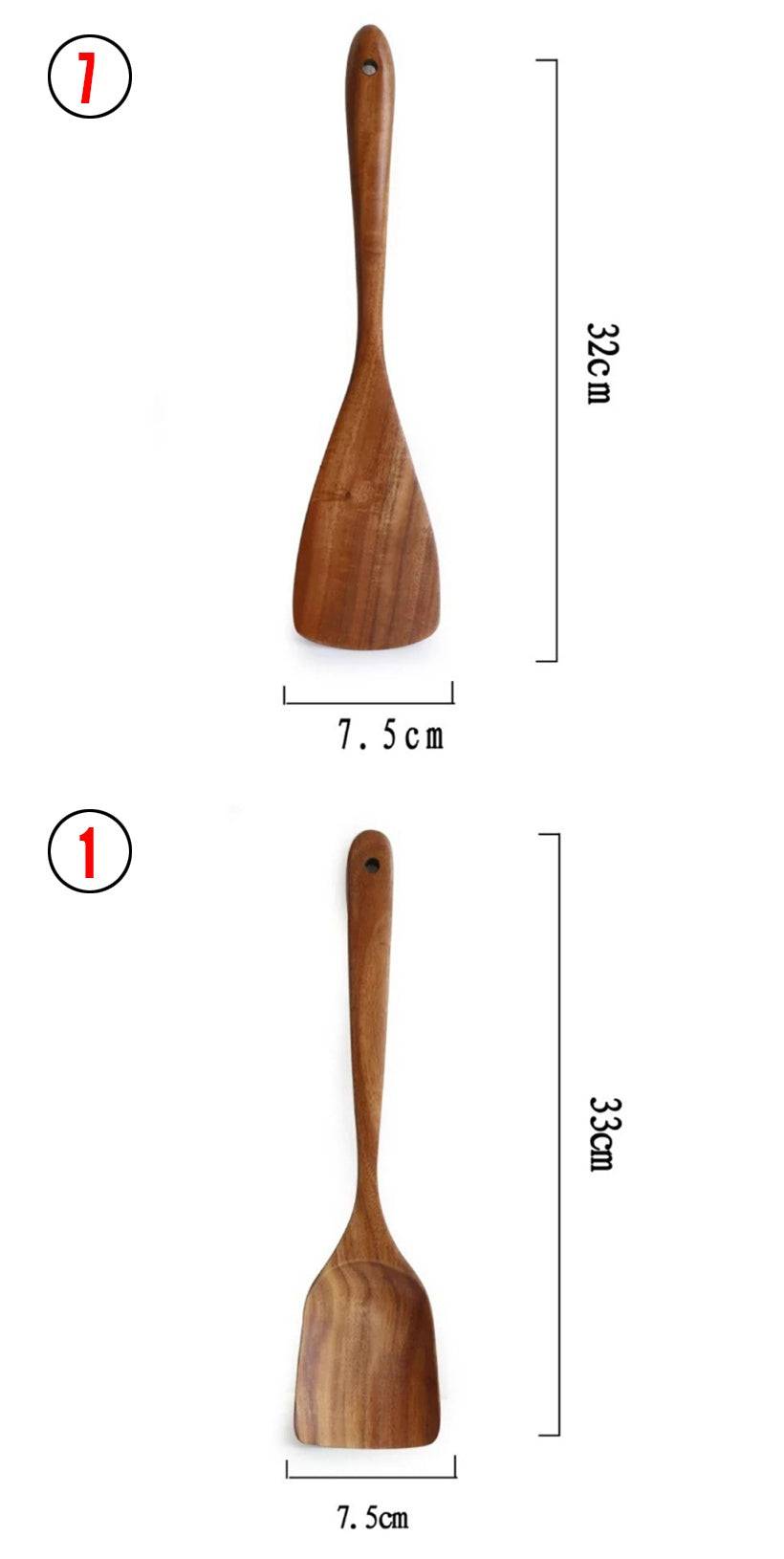 Teak wood kitchen turner with a 32cm length and 7.5cm width, featuring a smooth, ergonomic handle. Ideal for cooking and serving.