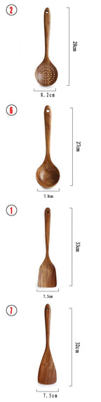 Set of four wooden kitchen utensils including slotted spoon, ladle, and spatulas with measurements