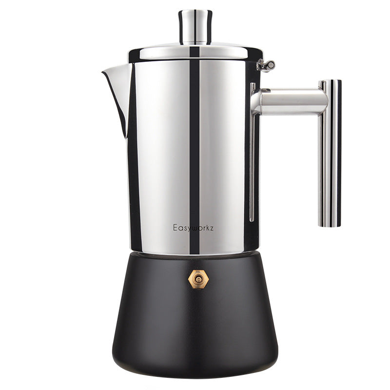Stainless steel induction moka pot coffee maker with classic stovetop design, available in 200ml and 300ml sizes