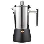 Stainless steel induction moka pot coffee maker with classic stovetop design, available in 200ml and 300ml sizes