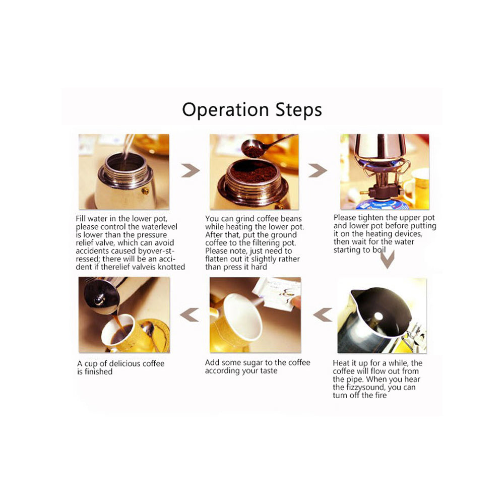 Stainless Steel Hand-Pushed Moka Pot – 6-Cup (Italian Style Stovetop Coffee Maker)