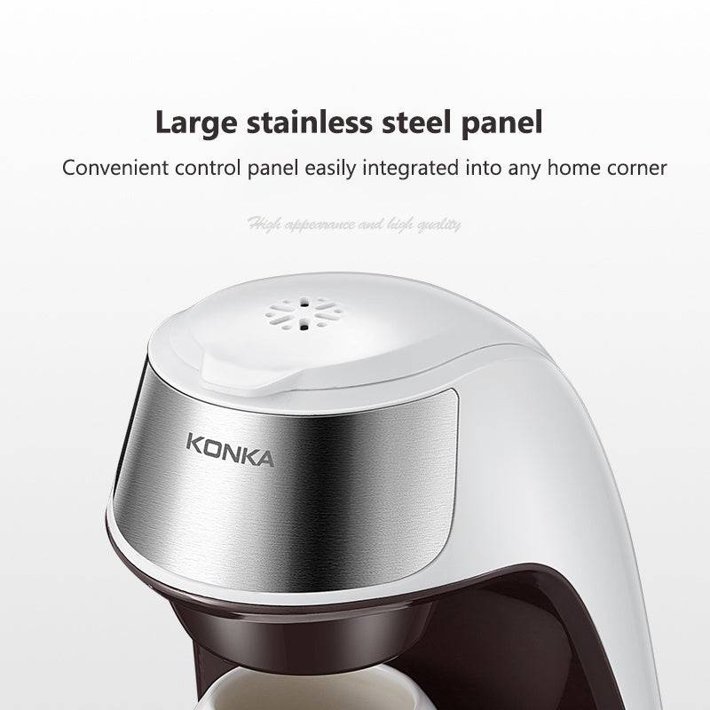 Fully automated coffee maker with a sleek white and silver design, featuring a free ceramic cup. Ideal for home and office use with anti-dry safety protection.