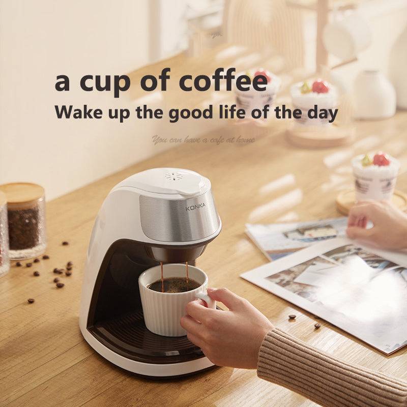 Fully automated coffee maker brewing fresh coffee into a free ceramic cup. Ideal for home and office use with anti-dry safety features.