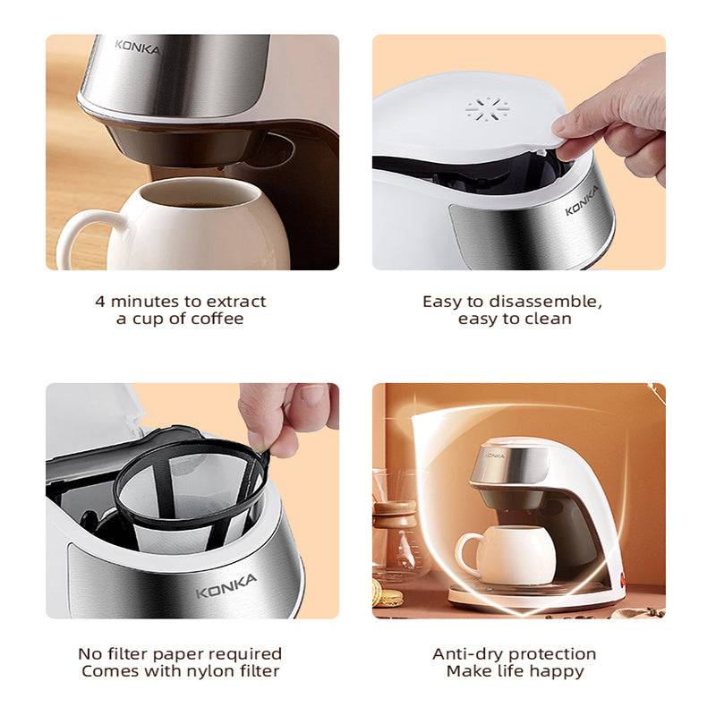 Fully automated coffee maker with a free ceramic cup, featuring easy disassembly, nylon filter, and anti-dry protection for home and office use.