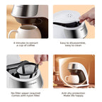 Fully automated coffee maker with a free ceramic cup, featuring easy disassembly, nylon filter, and anti-dry protection for home and office use.