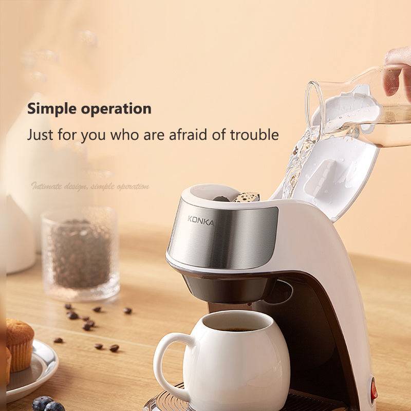 Fully automated coffee maker brewing fresh coffee into a free ceramic cup. Ideal for home and office use with anti-dry safety features.