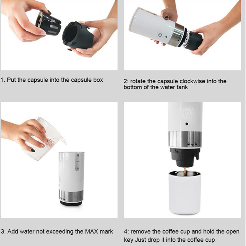 Step-by-step guide on using the portable espresso machine. Instructions for inserting capsules, adding water, and brewing fresh espresso.