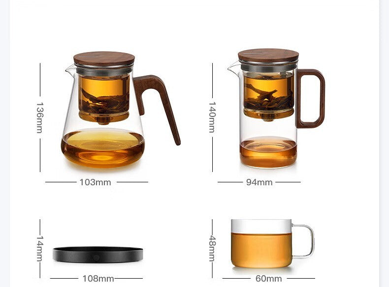 One-Click Filtering Glass Teapot with walnut wood handle and durable glass liner. Features an easy-to-use filtering system for effortless tea brewing.