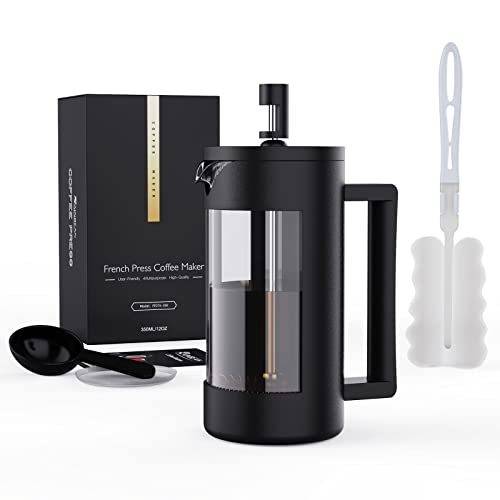 French Press Coffee Maker in black with a glass window, 100% BPA-free and dishwasher safe. Includes a cleaning brush, measuring spoon, and packaging box. Available in 12oz & 21oz sizes for perfect coffee brewing.