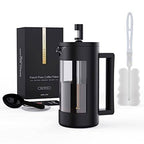 French Press Coffee Maker in black with a glass window, 100% BPA-free and dishwasher safe. Includes a cleaning brush, measuring spoon, and packaging box. Available in 12oz & 21oz sizes for perfect coffee brewing.