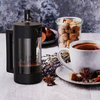 French Press Coffee Maker with black design, 100% BPA-free and dishwasher safe. Available in 12oz & 21oz sizes for a perfect brew at home.