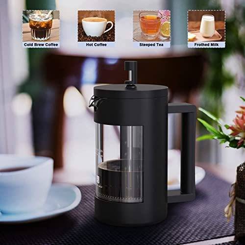 French Press Coffee Maker in black with a glass window, 100% BPA-free and dishwasher safe. Includes a cleaning brush, measuring spoon, and packaging box. Available in 12oz & 21oz sizes for perfect coffee brewing.
