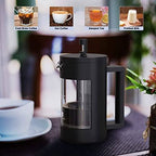 French Press Coffee Maker in black with a glass window, 100% BPA-free and dishwasher safe. Includes a cleaning brush, measuring spoon, and packaging box. Available in 12oz & 21oz sizes for perfect coffee brewing.