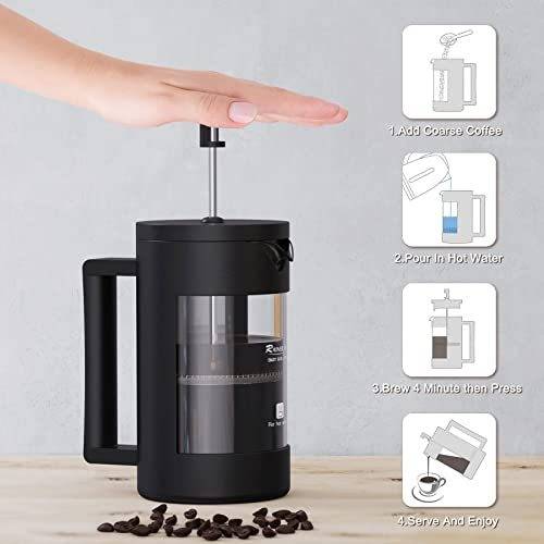 French Press Coffee Maker with black design, 100% BPA-free and dishwasher safe. Available in 12oz & 21oz sizes for a perfect brew at home.