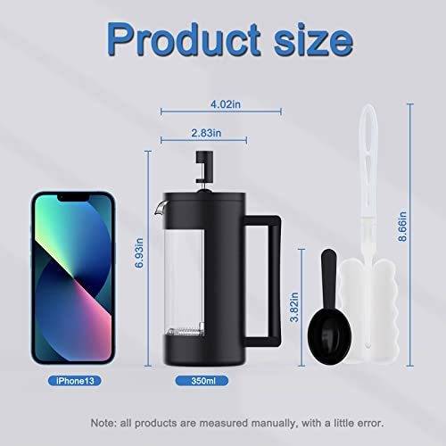 French Press Coffee Maker in black with a glass window, 100% BPA-free and dishwasher safe. Includes a cleaning brush, measuring spoon, and packaging box. Available in 12oz & 21oz sizes for perfect coffee brewing.