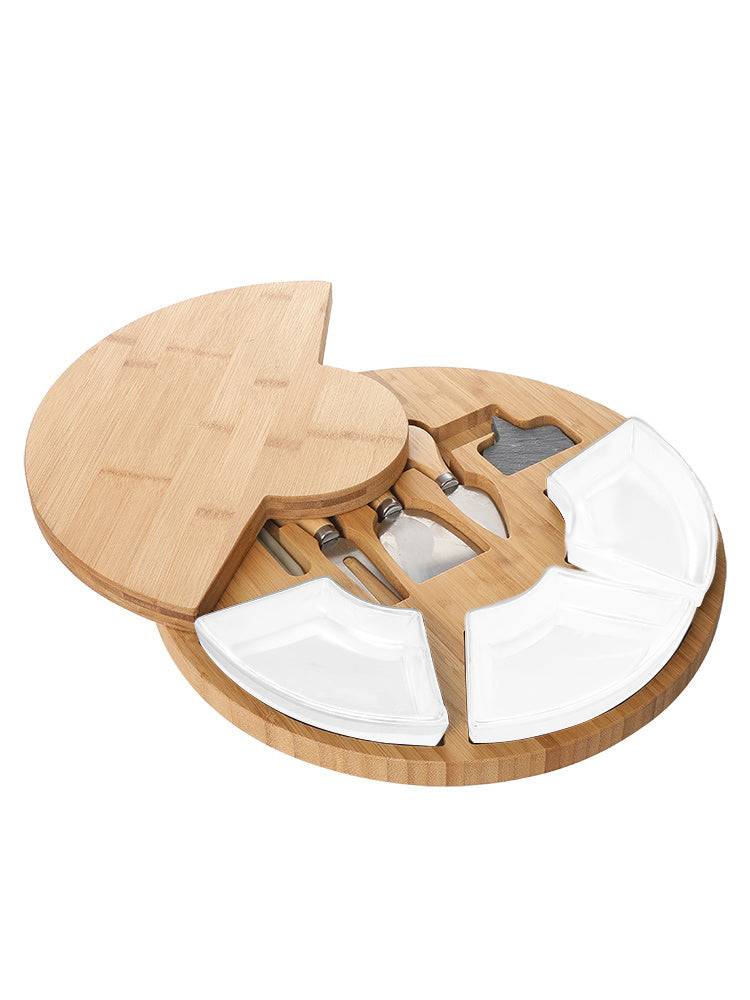 Wooden cheese board set with tools on a white background