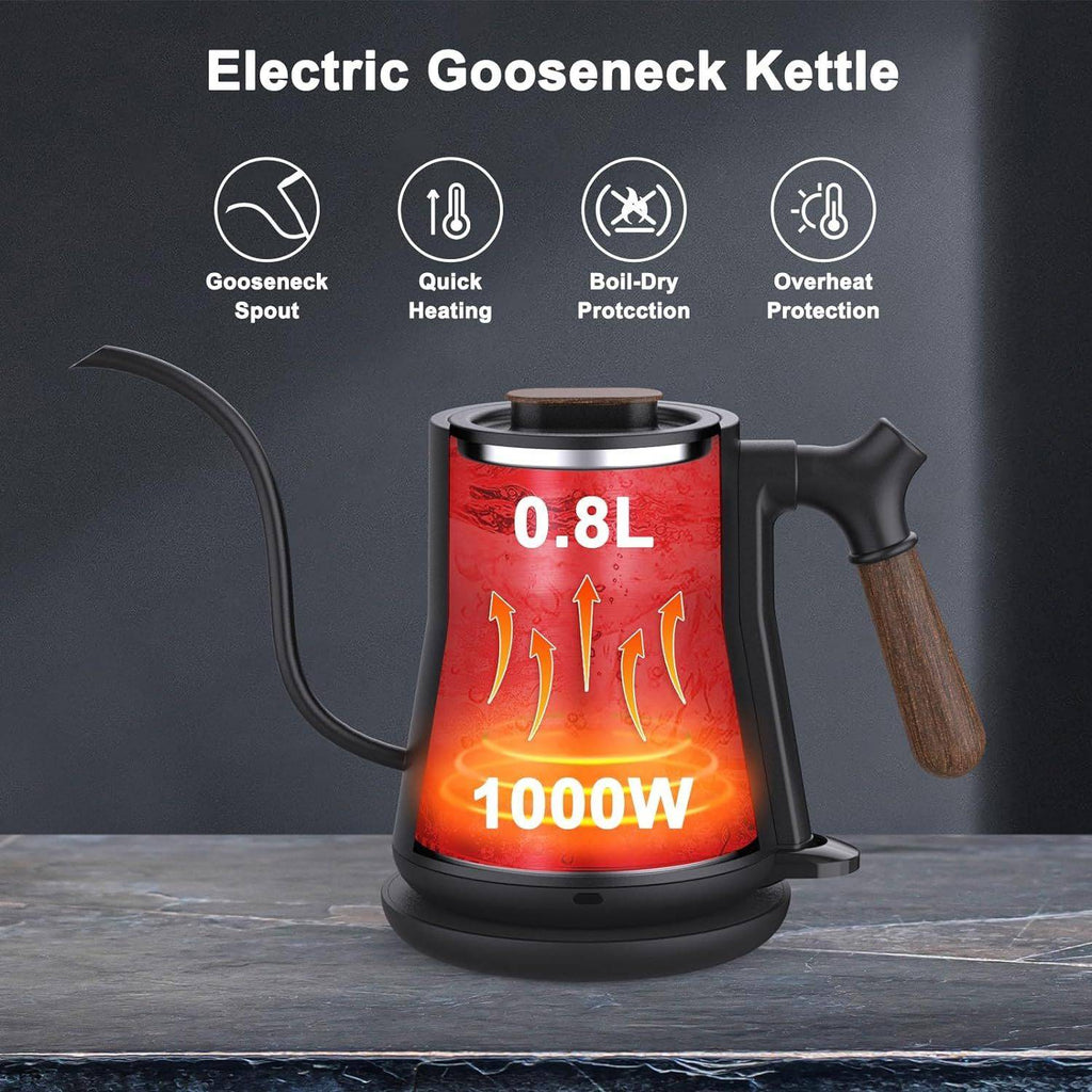 Gooseneck Electric Kettle for Pour Over Coffee with stainless steel body, leak-proof design, and auto shutoff feature. Ideal for precise brewing control.