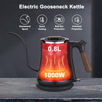Gooseneck Electric Kettle for Pour Over Coffee with stainless steel body, leak-proof design, and auto shutoff feature. Ideal for precise brewing control.